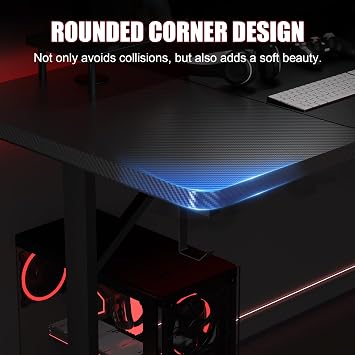 GTPLAYER 55 Inch Gaming Desk with LED Lights, Large Computer Desk with Mouse Pad for Home Office, T-Shaped Carbon Fibre Surface PC Game Workstations with Headphone Hook