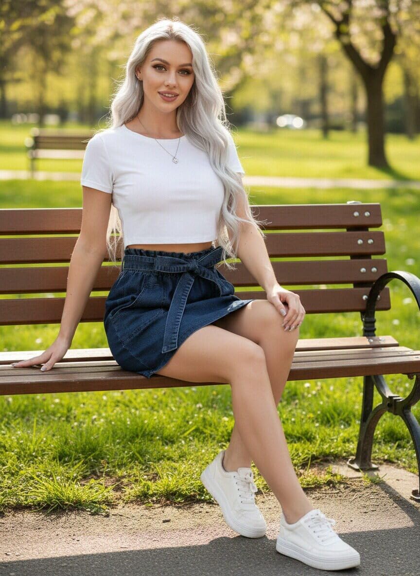 KANCY KOLE Women's Casual High Waist A Line Skirt Denim Skirt Elastic Waist Jean Short Skirt with Pockets - Image 3