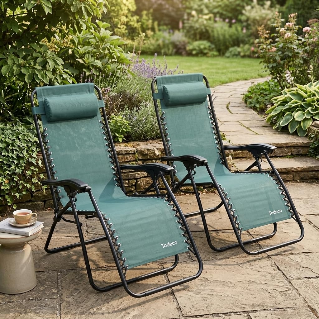 Todeco Chaises Longues Zéro Gravité Lot de 2, Fauteuils Relax de Jardin Pliables en Textilène Respirant avec Repose-Tête, Dossier Inclinable Multiposition, Bain de Soleil Terrasse Balcon Piscine, Vert