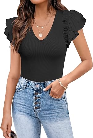 MISSJOY Womens V Neck Ruffle Short Sleeve Ribbed Slimming Basic Bodysuit Leotards Tops Blouses