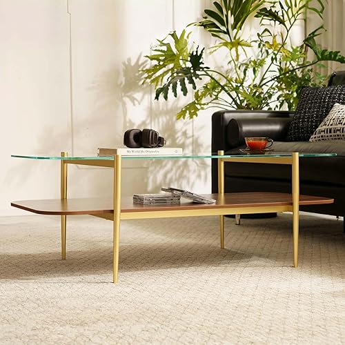 Miniatura 67 de Saint Mossi Tadio - Mesa de centro de vidrio de doble capa para sala de estar, estante inferior de MDF marrón y café Vidrio marrón y marrón