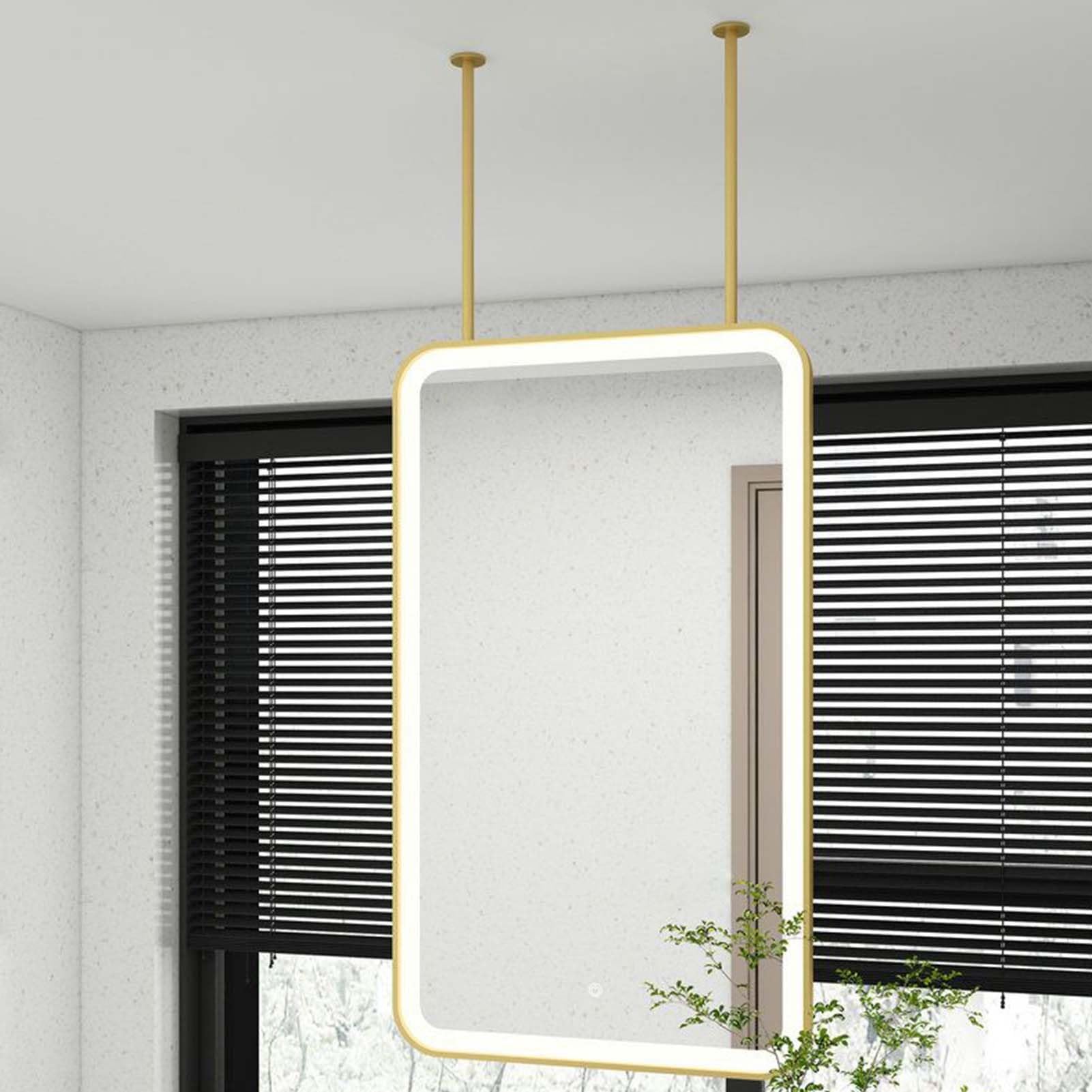 GLJTUO Ceiling Mounted LED Mirrors Gold Metal Framed Decorative Hanging Mirror Touch Screen Control HD Glas Vanity Makeup for Bathroom, Square,size_name-50L x 70W cm