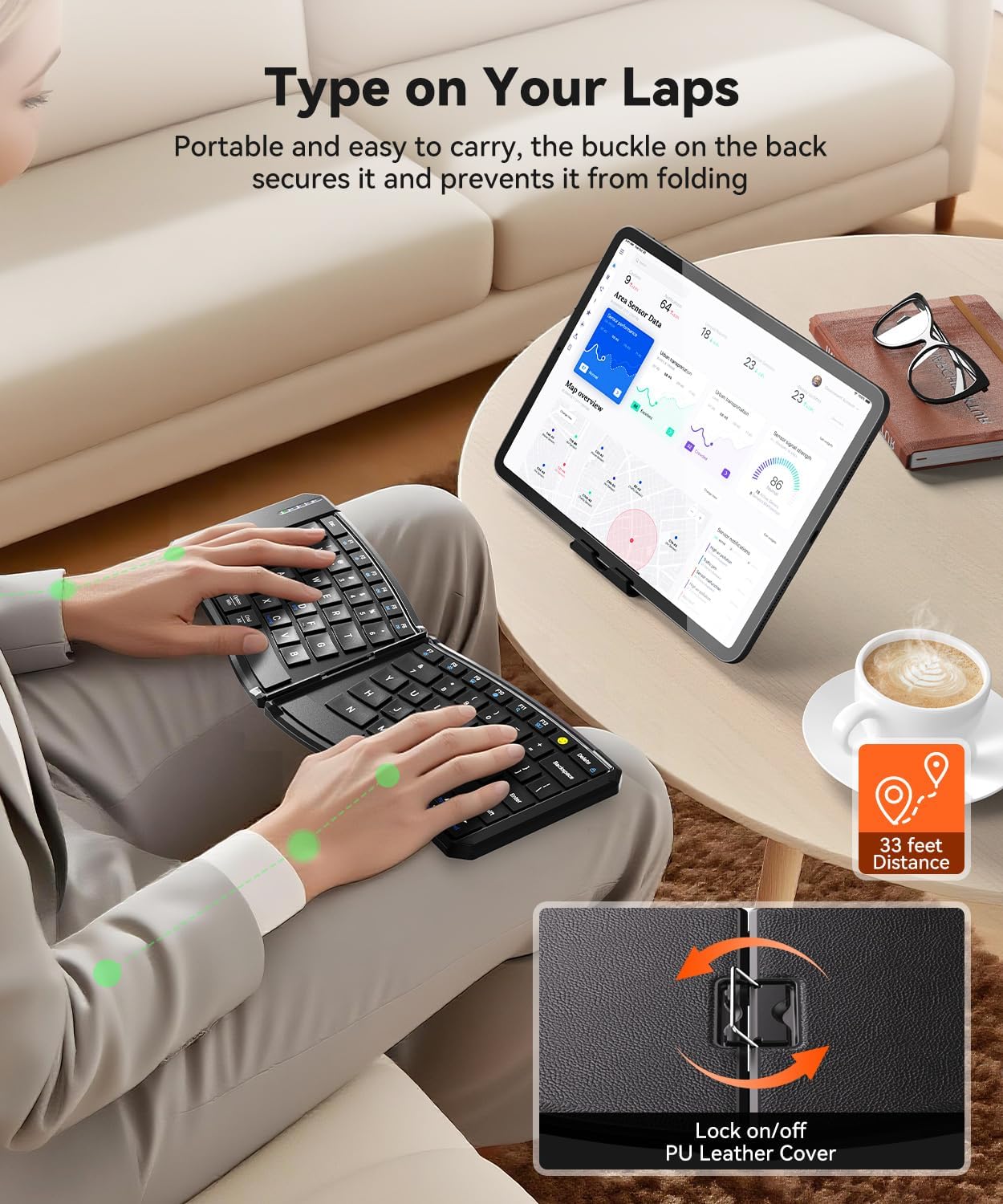 Ergonomic Foldable Keyboard, Portable Folding Travel Bluetooth Keyboard for Business and Travel, 3 Devices Dual-Mode(2.4G+BTx2) Ultra Slim Wireless Keyboards for Windows, iOS, Android, Use on the Leg