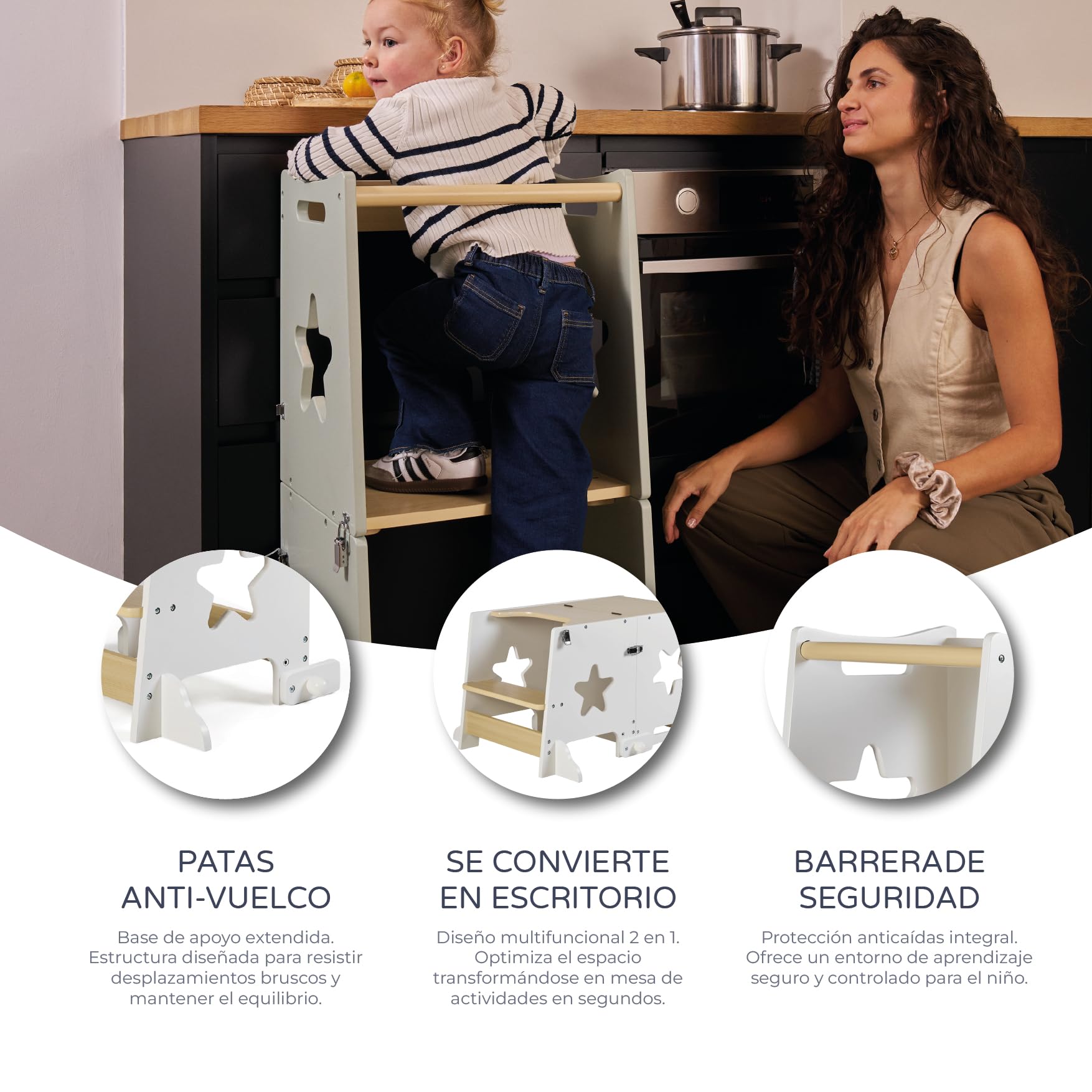 MS BabyWorld – Learn Up – Torre de Aprendizaje Montessori | Convertible en Escritorio con Pizarra y Taburete | Madera Maciza | Barra de Seguridad | Plegable