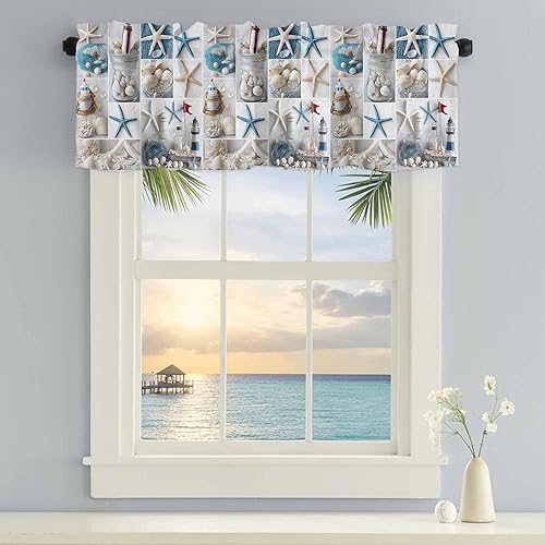 Miniatura 2 de Cortina de cenefas de rejilla costera de verano para cocina, cafetería, faro de mar, cenefa de ventana corta de 60 x 18 pulgadas, bolsillo para