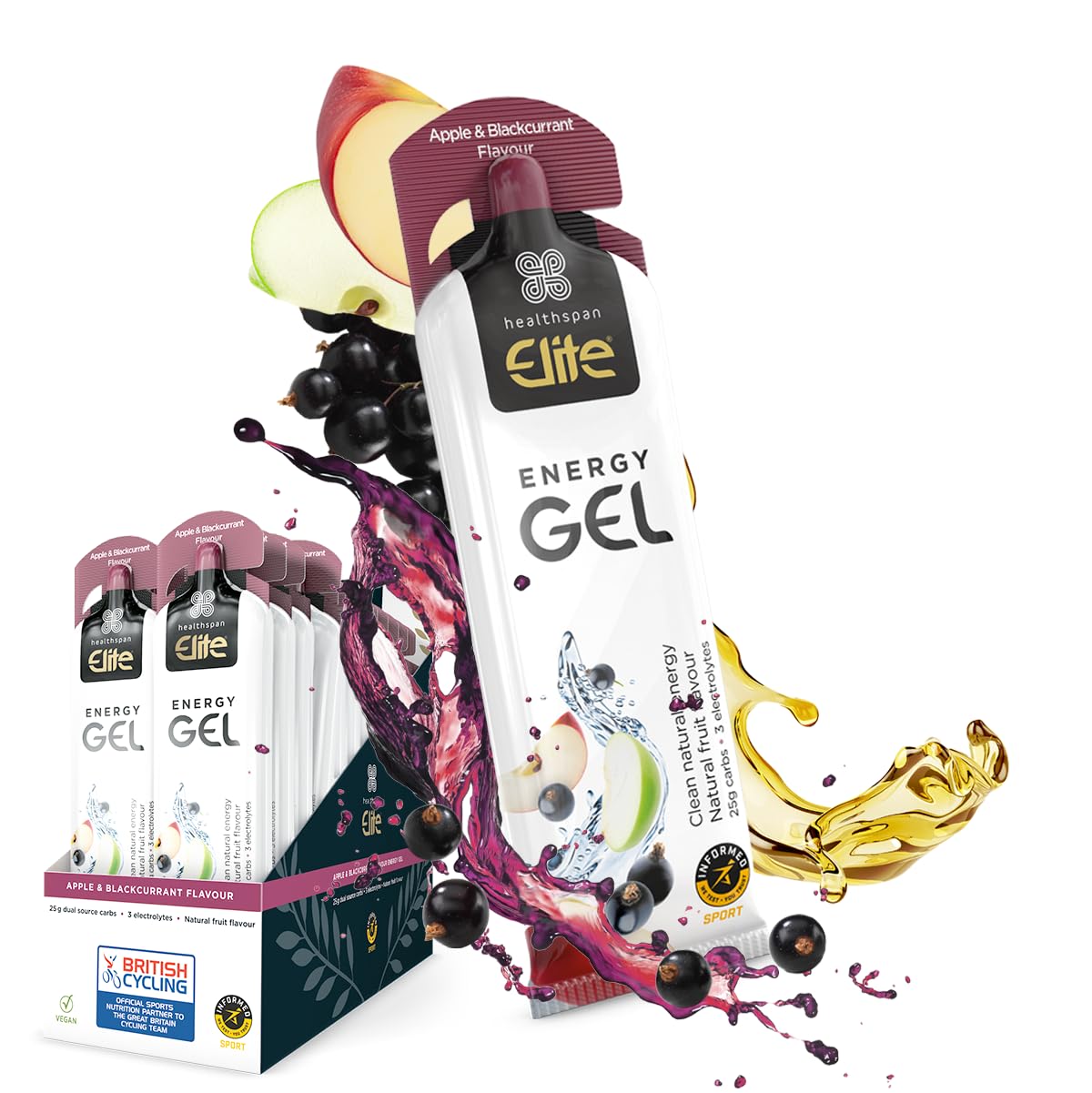 Healthspan Elite Energy Gels (24 Gels) | 25g Dual Source Fast Acting Carbs | 3 Electrolytes- Sodium, Potassium & Calcium | Vegan (Apple & Blackcurrant)