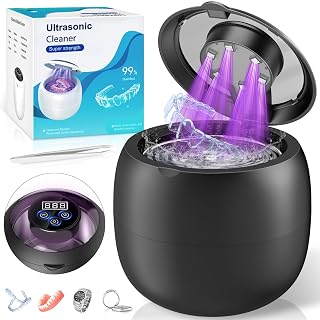 Wireless Ultraschallreinigungsgerät 48000Hz, 210ML Wiederaufladbarer Ultraschallreiniger mit Digitalem Timer, 6 UV-Lampen, 4 Modes for Zahnersatz, Retainer, Aligner, Prothesen, Zahnschiene, Schmuck - Amazon product rated Grade A