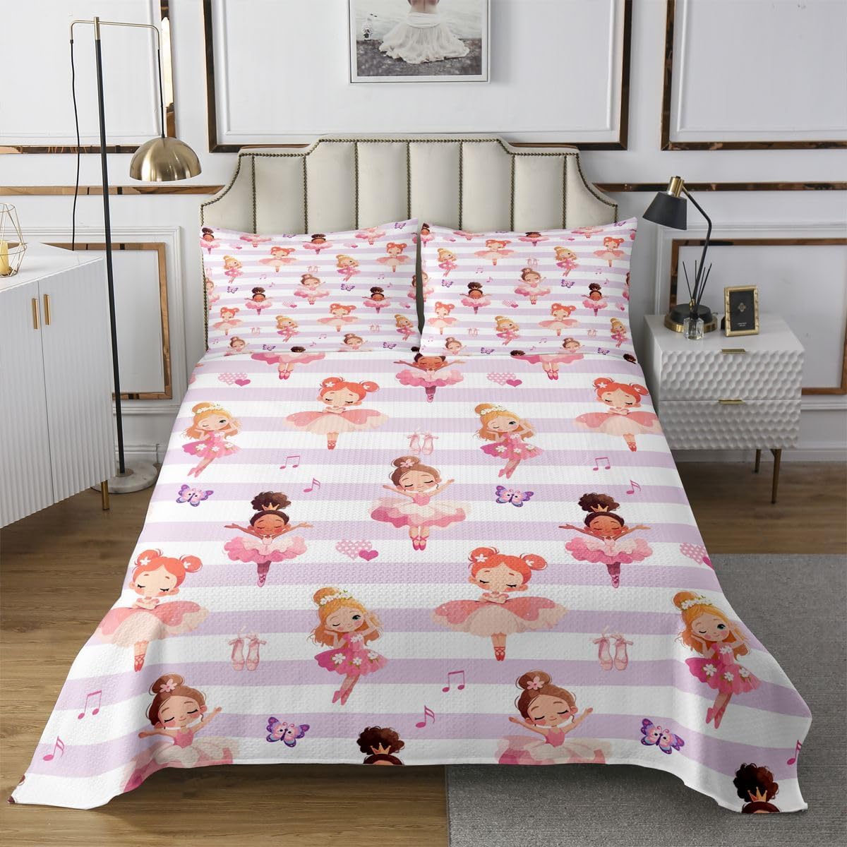 Manfei Ballerina Kids Bedspread Queen Size,Ballet Dancer Butterfly Design Coverlet Set,Teens Women Bedroom Decor,Dreamy Princess Style Quilted Coverlet,Pink White Bedding Quilt,2 Pillowcases