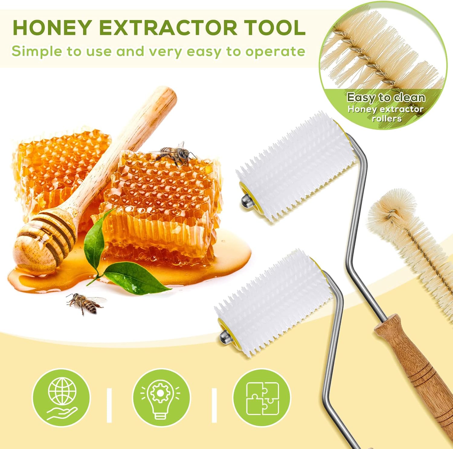 3 Pcs Honey Extractor Uncapping Needle Roller Beekeeping Honey Extractor Tool Beehive Uncapping Roller Honey Extractor Equipment with Cleaning Bee Brush for Honeycomb Honey Extracting Beekeeping Tool