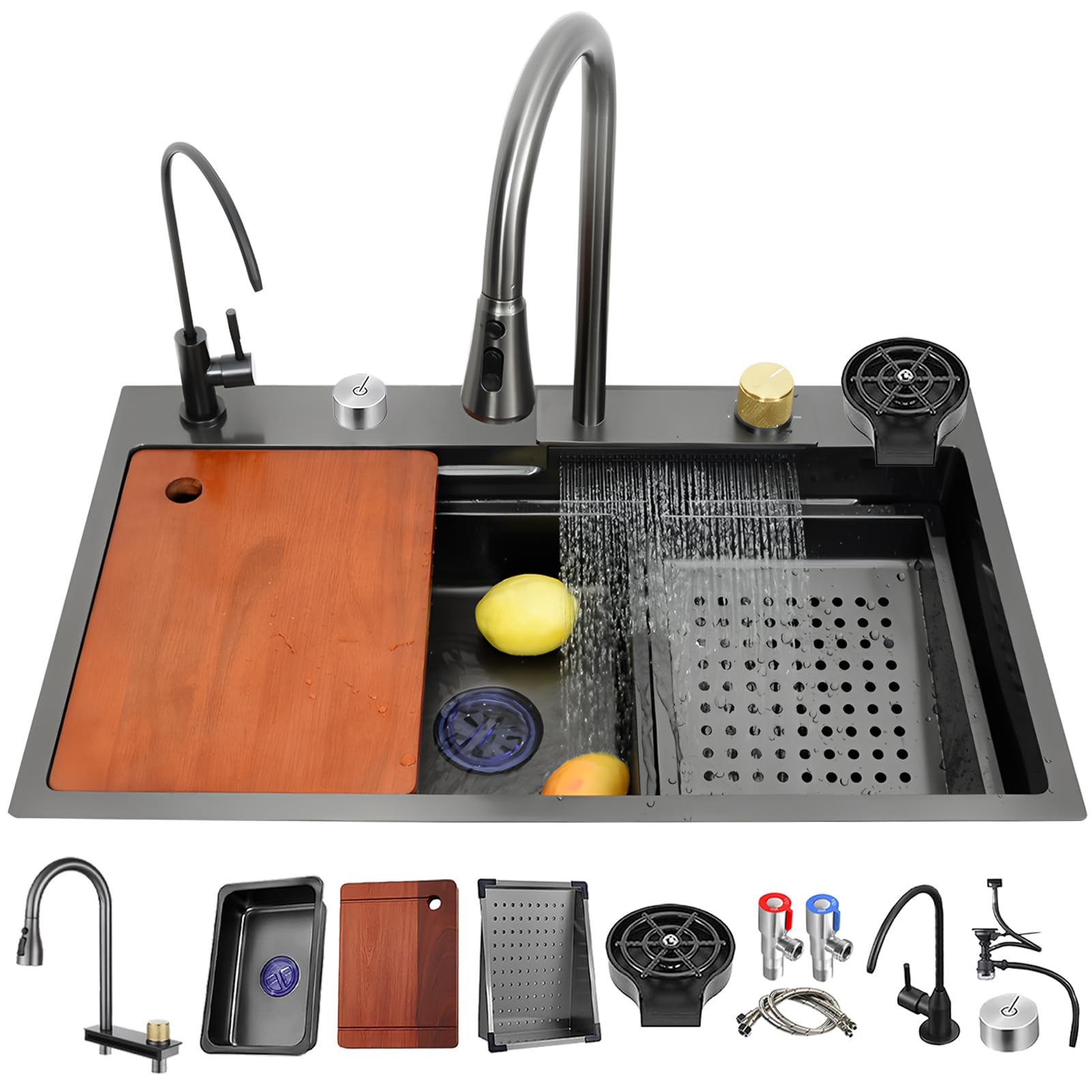 Fregadero individual grande de 80 x 50 cm de acero inoxidable con cascada para cocina