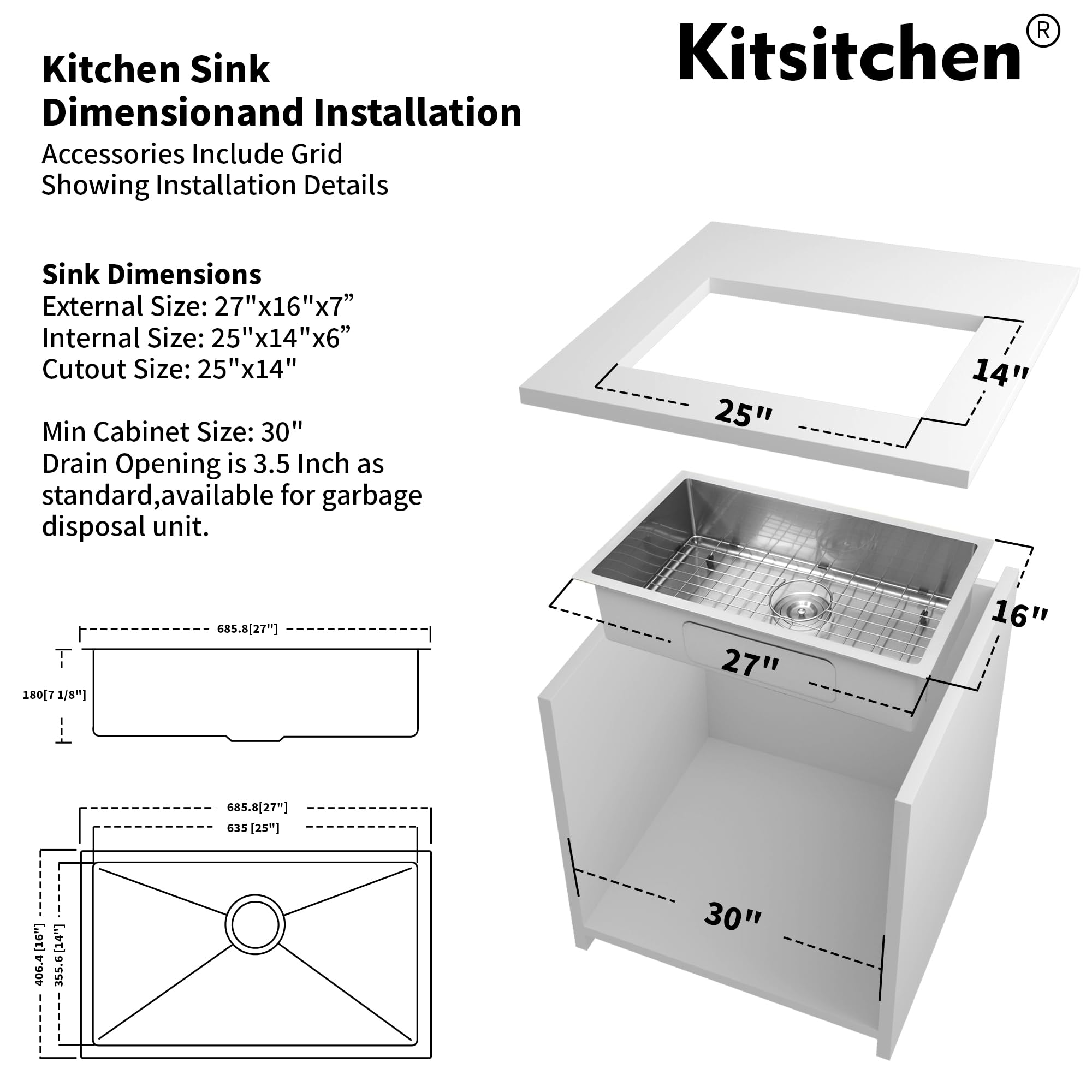 にく MILOSEN RV Kitchen Sink, 27''×16''×7'' Stainless Steel Drop