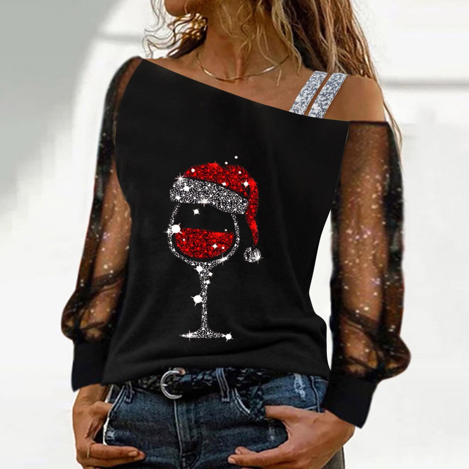 Weihnachtsshirt Damen Weihnachts Tshirt Sexy Schulterfrei Oberteile Glitzer Langarmshirt Weihnachtspullover Damen Lustig Weihnachtsbluse Elegant Weihnachten Pullover Weihnachtspulli Weihnachtsoutfit