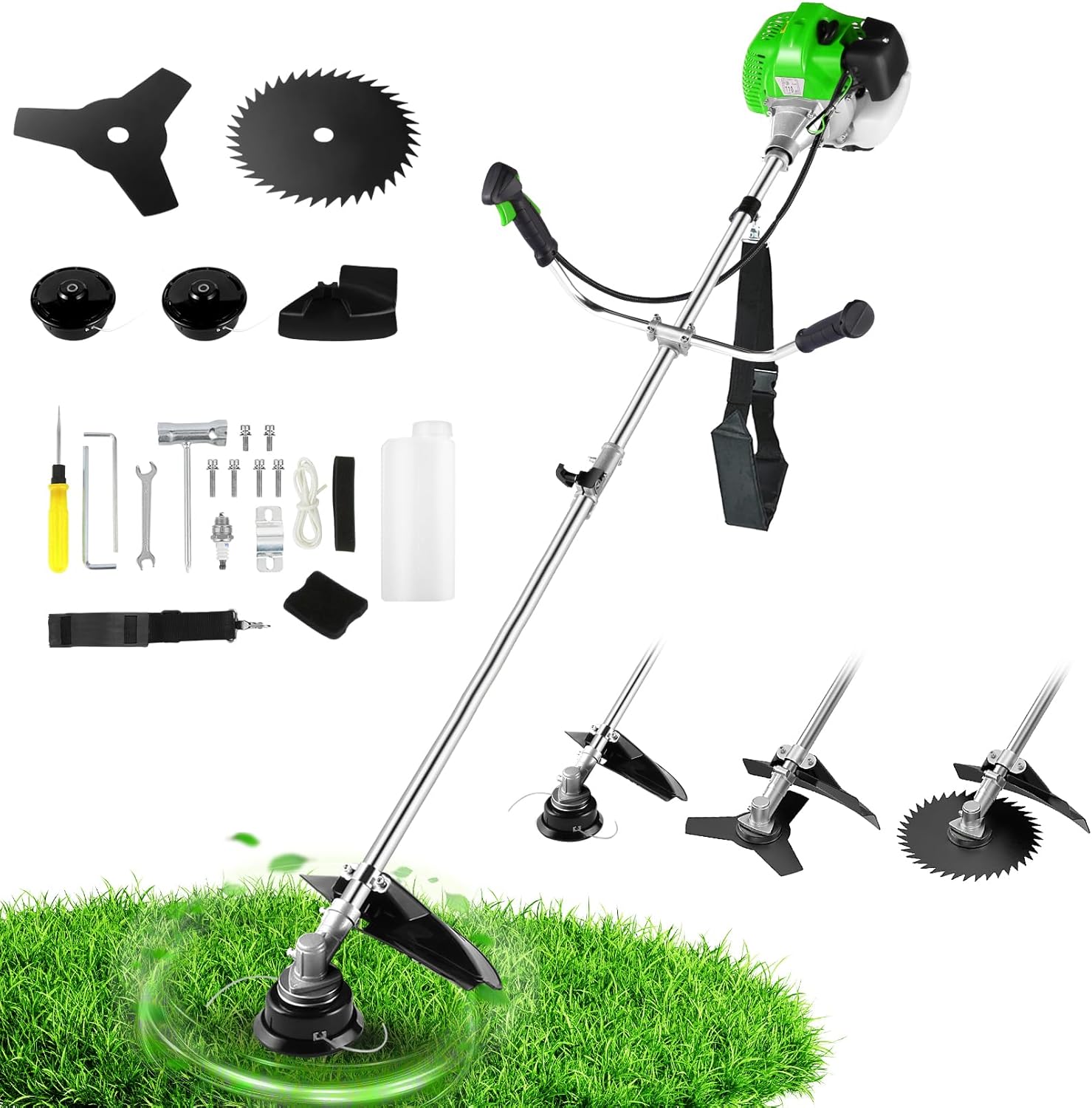 COOCHEER 58CC 2-Stroke Gas Powered Weed Eater & Brush Cutter - 18" Straight Shaft String Trimmer, 4-in-1 with 4 Blade Heads for Lawn, Garden, Yard - Heavy Duty (Green)