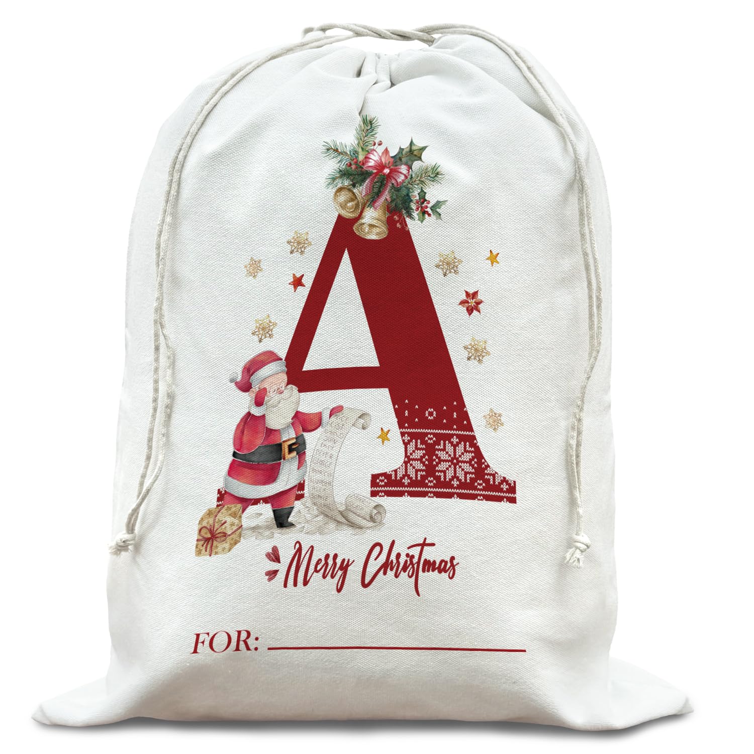 DSHFG Initial Letter A Christmas Drawstring Gift Bags, Personalized Santa Sacks Drawstring Christmas Bags for Women Gifts, Reusable Santa Bag, Xmas