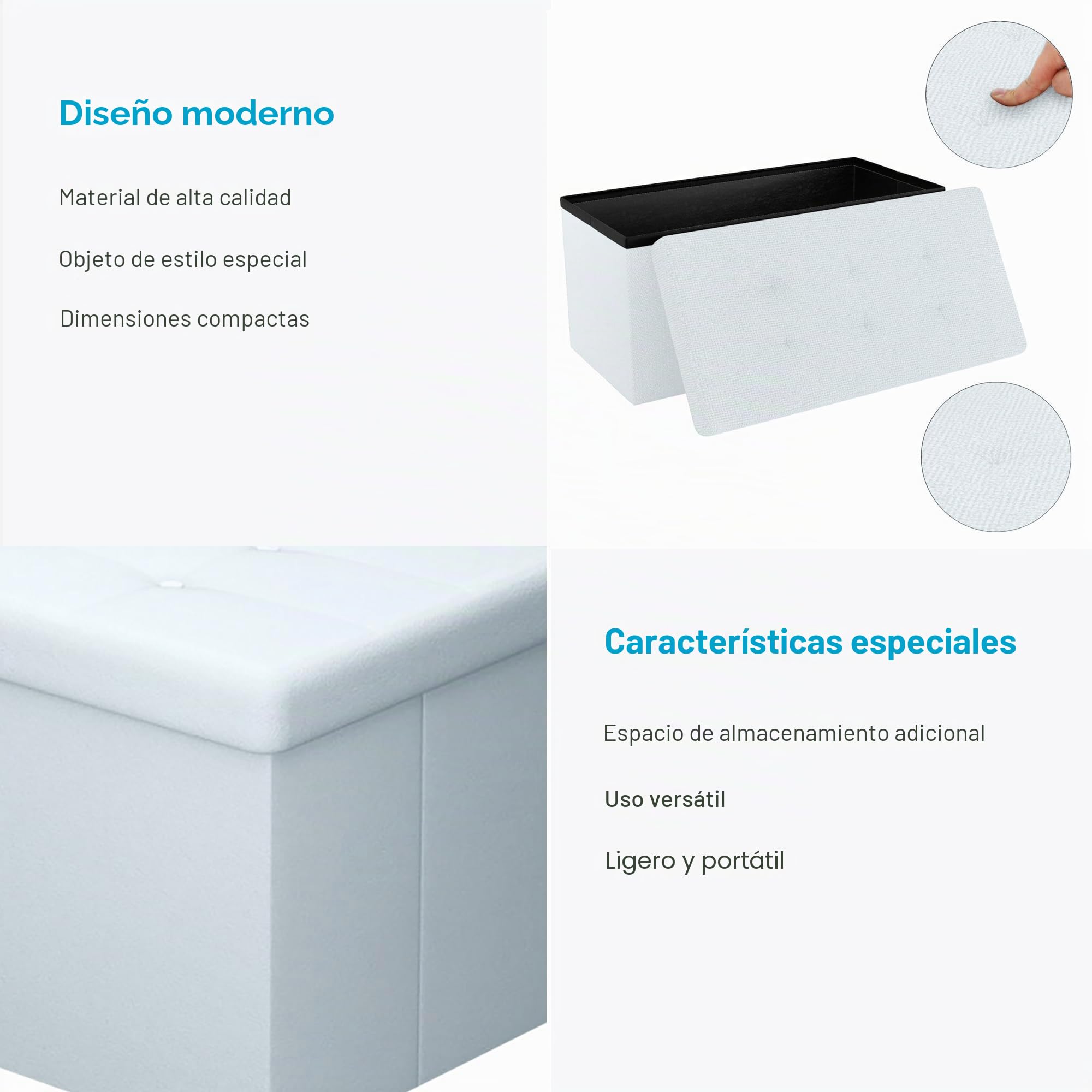 Intirilife Puff Baúl Plegable 78x38x38 cm in Blanco Opal – Taburete Almacenaje Tapizado de Cuero Artificial per Almacenamiento y Reposapiés