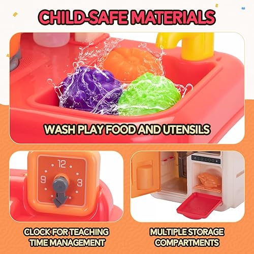 Miniatura 6 de Juego de cocina para niños, juego de cocina para niños pequeños con luces realistas, sonidos y vapor, juego de cocina de juguete de 42 piezas con