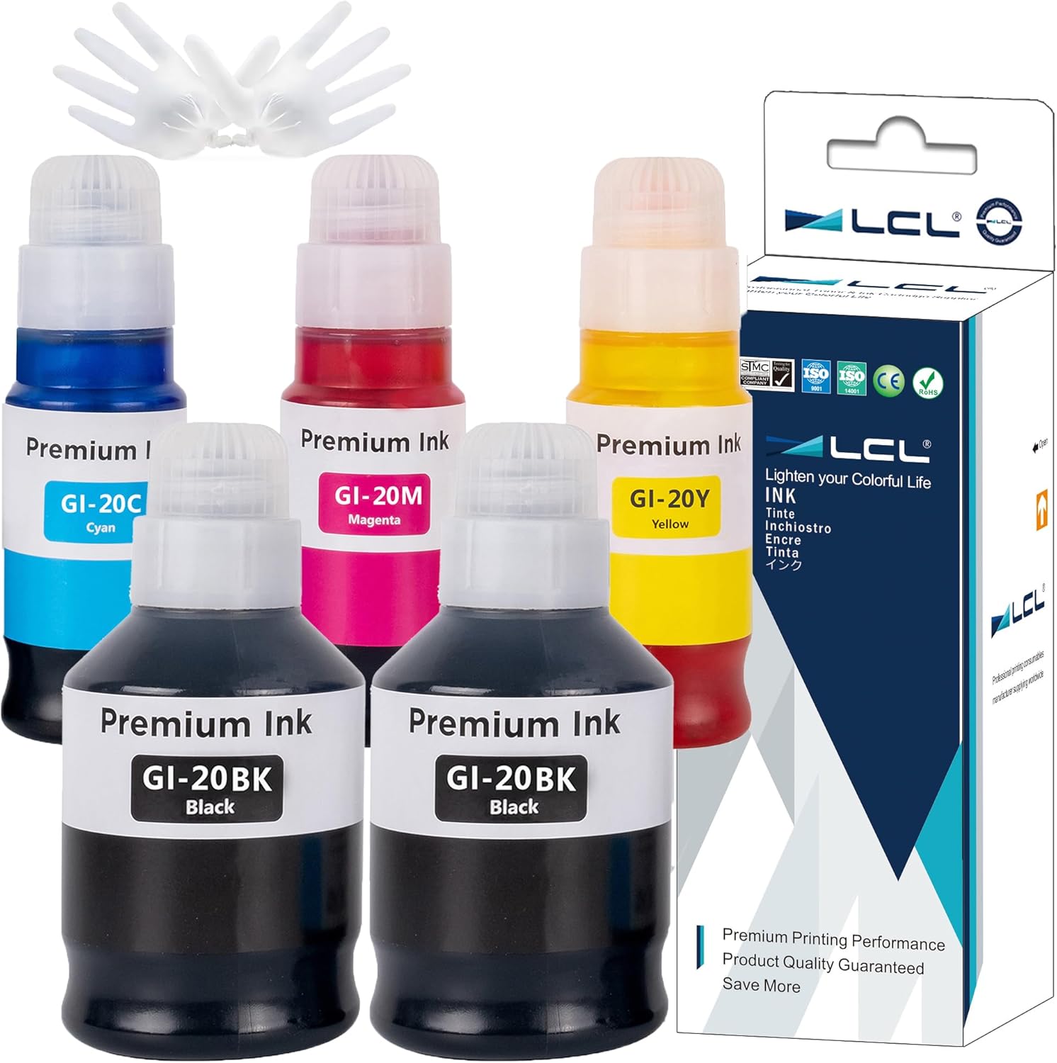 LCL GI-20 GI20 Ink Bottles Replacement for Canon 20 GI20 GI-20 Ink Refill Bottles Compatible with Canon PIXMA G5020 G6020 G7020 Printer (5-Pack,2Black Cyan Magenta Yellow)