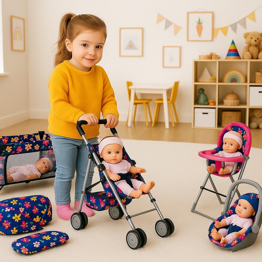 fash n kolor 4 Piece Baby Doll Play Set Flower Design Includes - Foldable Pack N Play, Baby Doll Stroller, Baby Doll High Chair, Infant Seat, Fits Up to 18'' Doll 4 Piece Doll Accessories Set