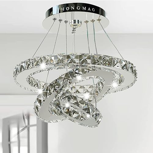 HONGMAO Modern Crystal Chandeliers LED Pink Chandelier Adjustable Stainless Steel Ceiling Lights Rings Round Pendant Lighting for Living Room Dining Room & Bedroom (Chrome)
