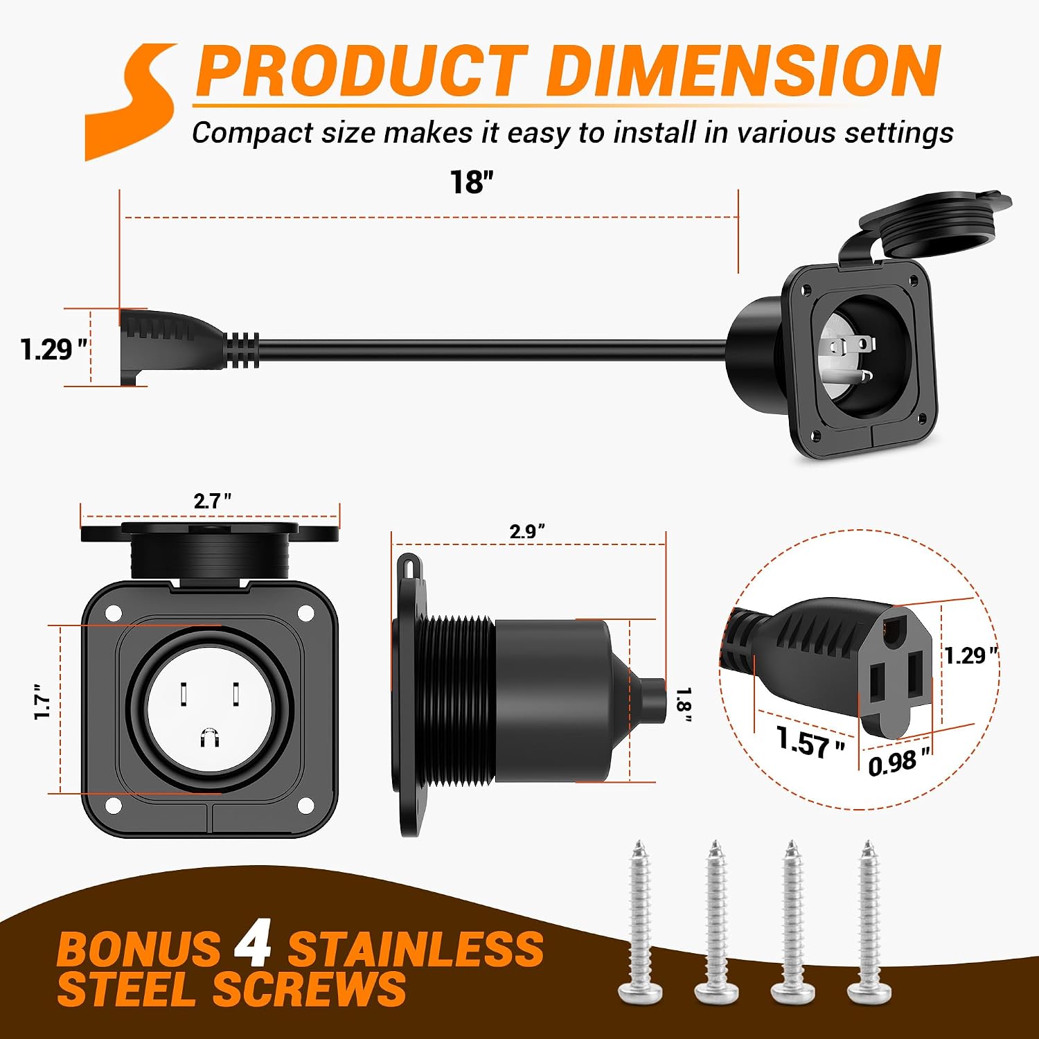 15Amp AC Port Plug with Power Inlet Socket, 125V AC Port Plug Shore Receptacle with 18 Inch Extension Cord, RV Shore Power Inlet Plugs for RV Camper Marine Boat Motorhome Travel