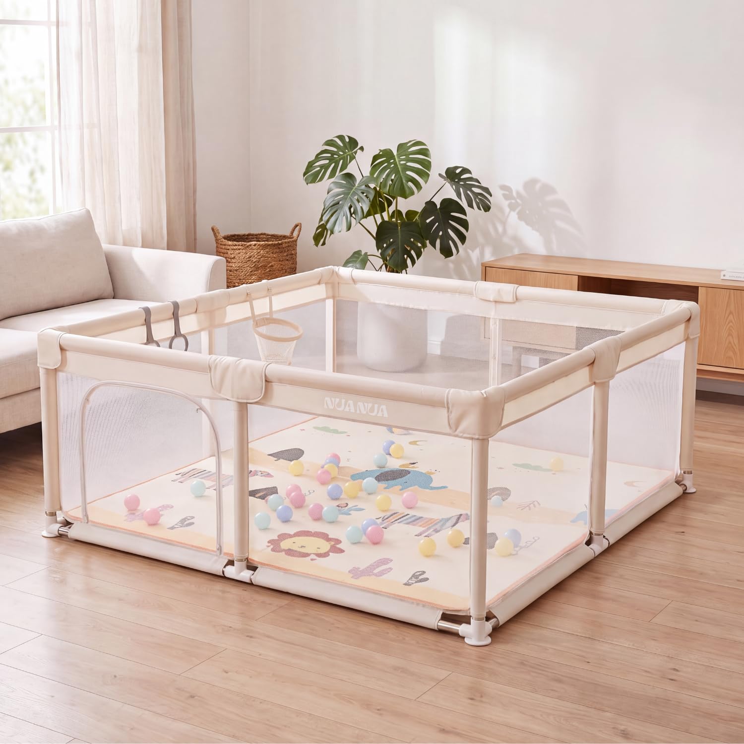 NUANUA Box Bambini XXL 150x180 cm - Recinto Neonato con Tappeto - Beige | Smontabile con materassino, palline, cesto e maniglie - piscina di palline per interno ed esterno - per bimbi 0-36 mesi