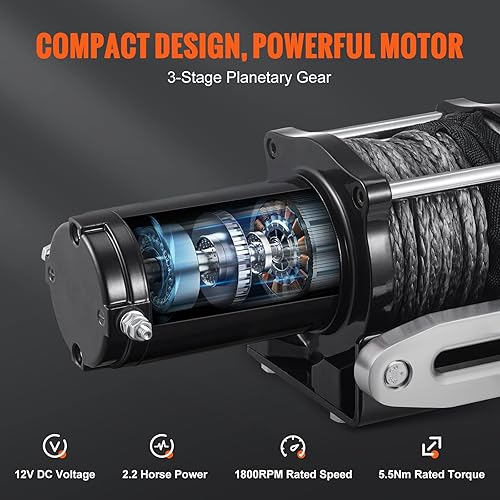Miniatura 3 de VEVOR Cabrestante eléctrico, cabrestante de cuerda de nailon con capacidad de carga de 12 V, 4500 libras, IP55 de 14 pulgadas x 39 pies ATV UTV con