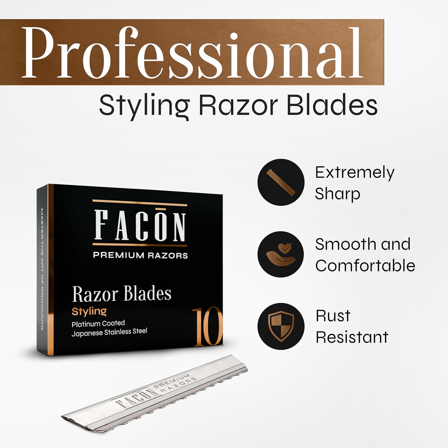 Facón Professional Hair Styling Razor Replacement Blades, Faether Razor Blades for Thinning Texturizing Layering Cutting Hair, Premium Platinum Japanese Stainless Steel for Salon Hairstyling- 10 Count