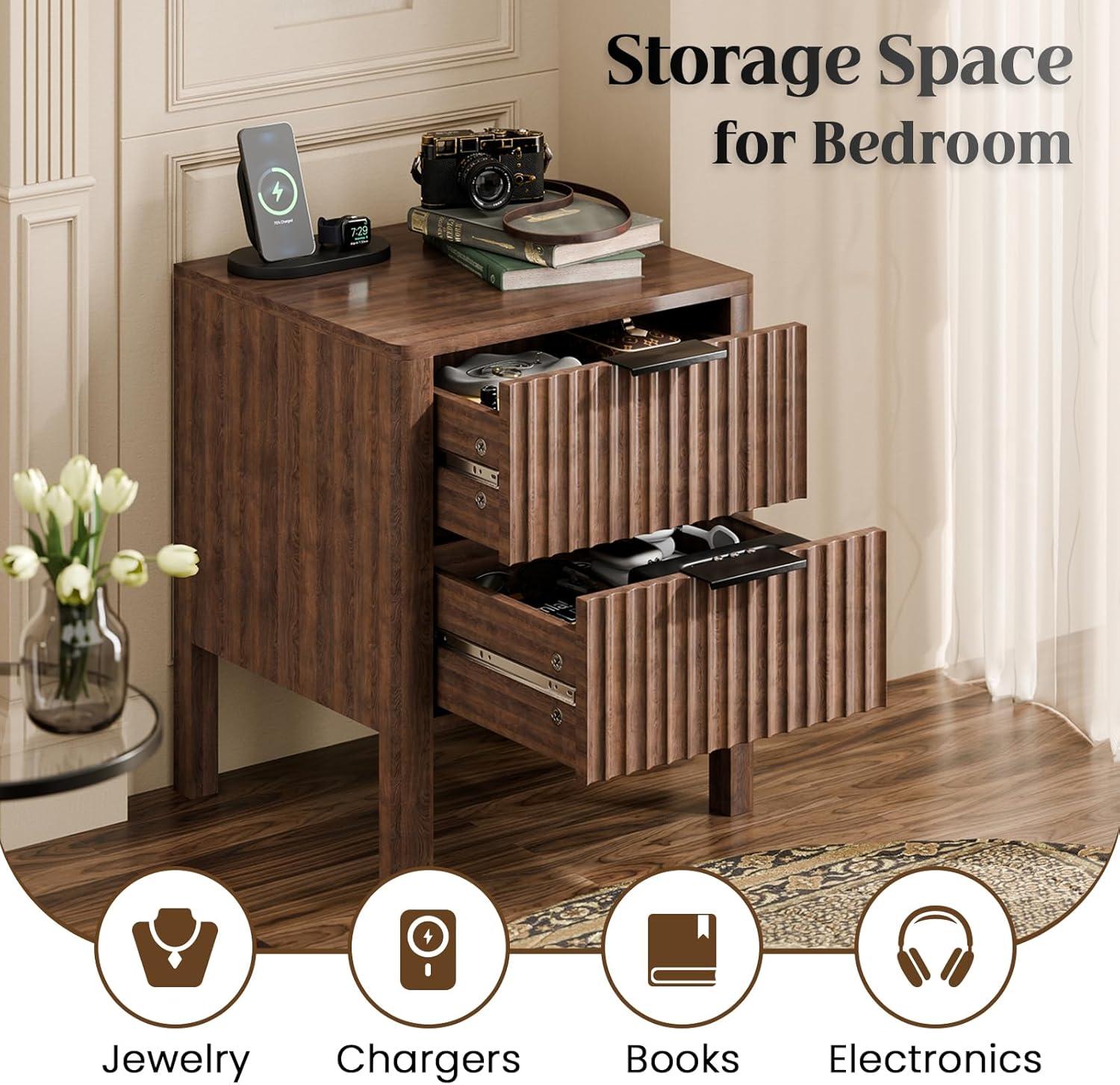 18" Fluted Nightstands Set of 2, Bed Side Tables with Drawers for Bedroom Mid Century Modern Night Stand Wood Nightstand Small End Table Bedroom Set, Walnut