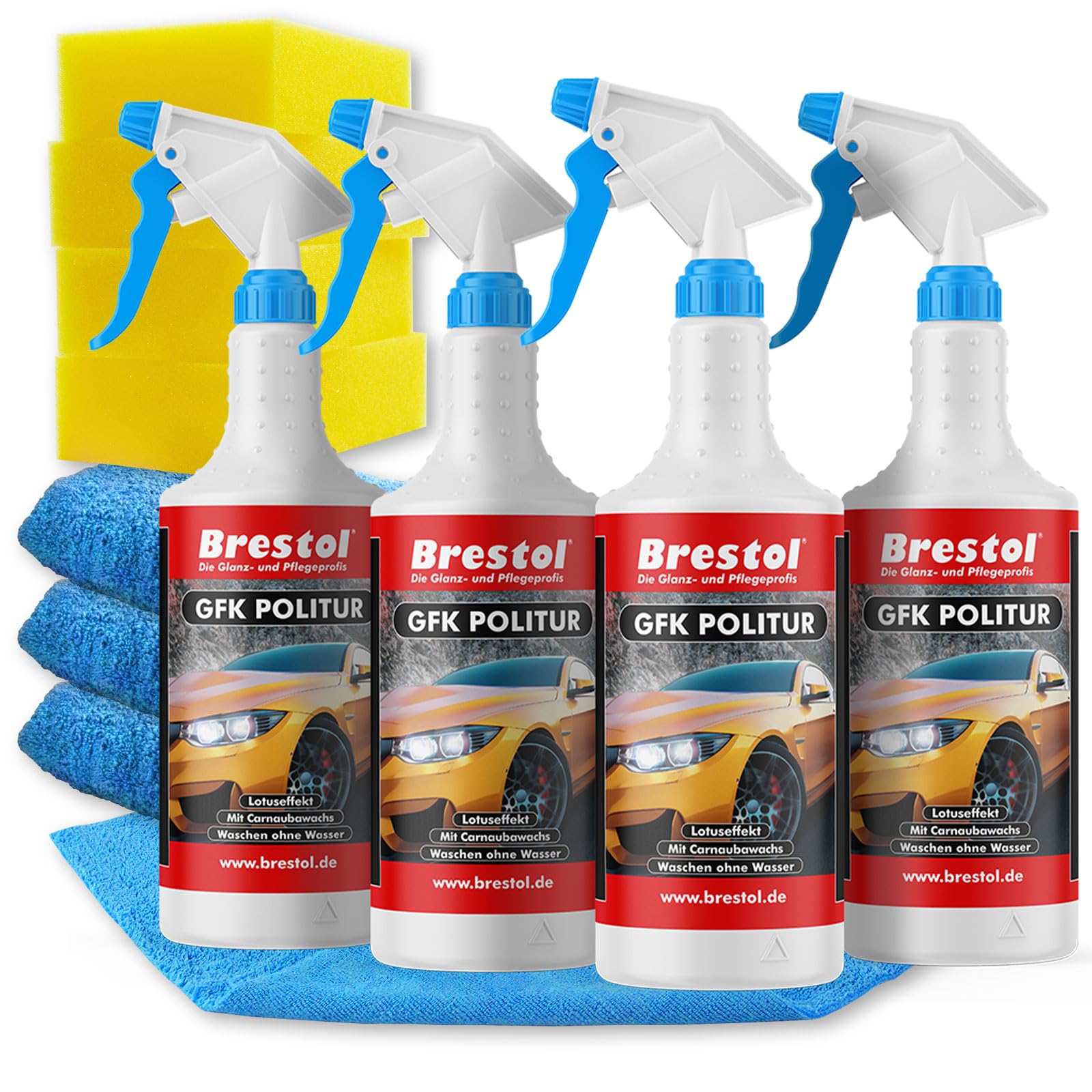 Brestol GFK-POLITUR 4x 750 ml + 4x Poliertuch + 4x Polierschwamm (7554.8) - Waschen ohne Wasser Autolack Schnellreiniger Folienreiniger Carnaubwachs HM10 Ultraclean Schnellpolitur