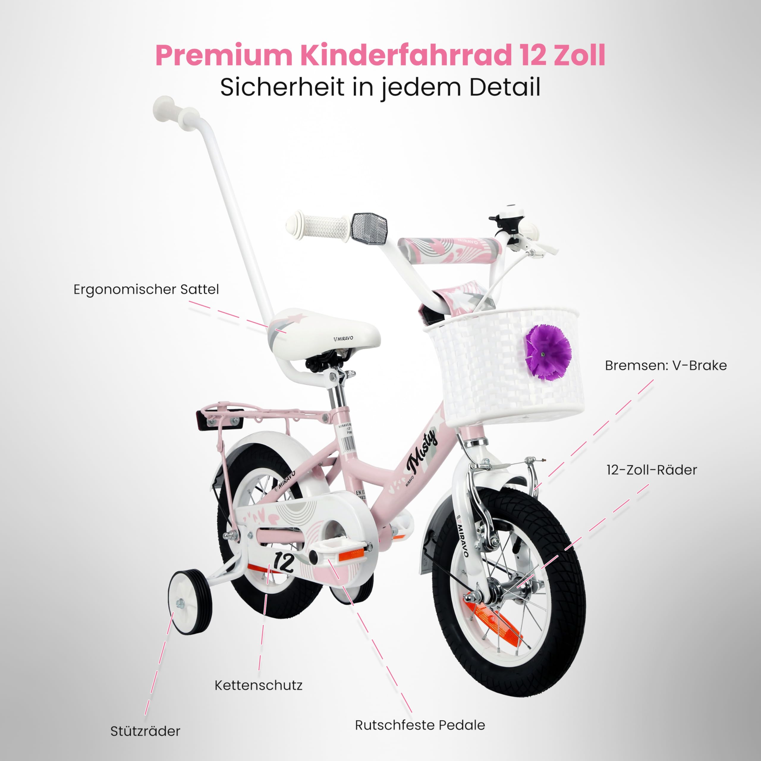 Kinderfahrrad Fahrrad Kinder Ab 2 Bis 8 Jahre Schubstange V-Brake Bremsen Rückstrahl Aufkleber 12 16 20 Zoll Radgröße Korb Für Mädchen Misty