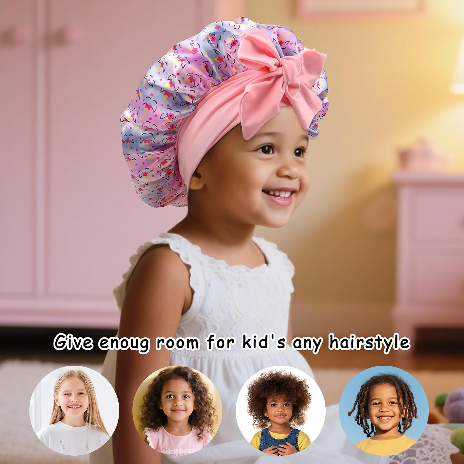Kids Bonnet for Girls - Silk Satin Bonnet Sleep Cap for Child Curly Natural Hair 3-12Y