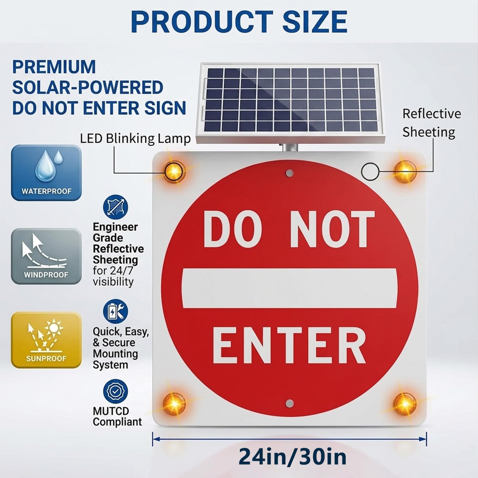 Señal de prohibición de Entrada con LED solares, Superficie Reflectante de Grado Industrial, Marco de Aluminio, para fábricas y áreas restringidas. 24in（60cm）
