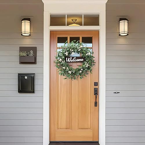 Miniatura 6 de Coronas de verano para puerta delantera, coronas de eucalipto verde de 20 pulgadas con bayas blancas y letrero de bienvenida, corona de vegetación