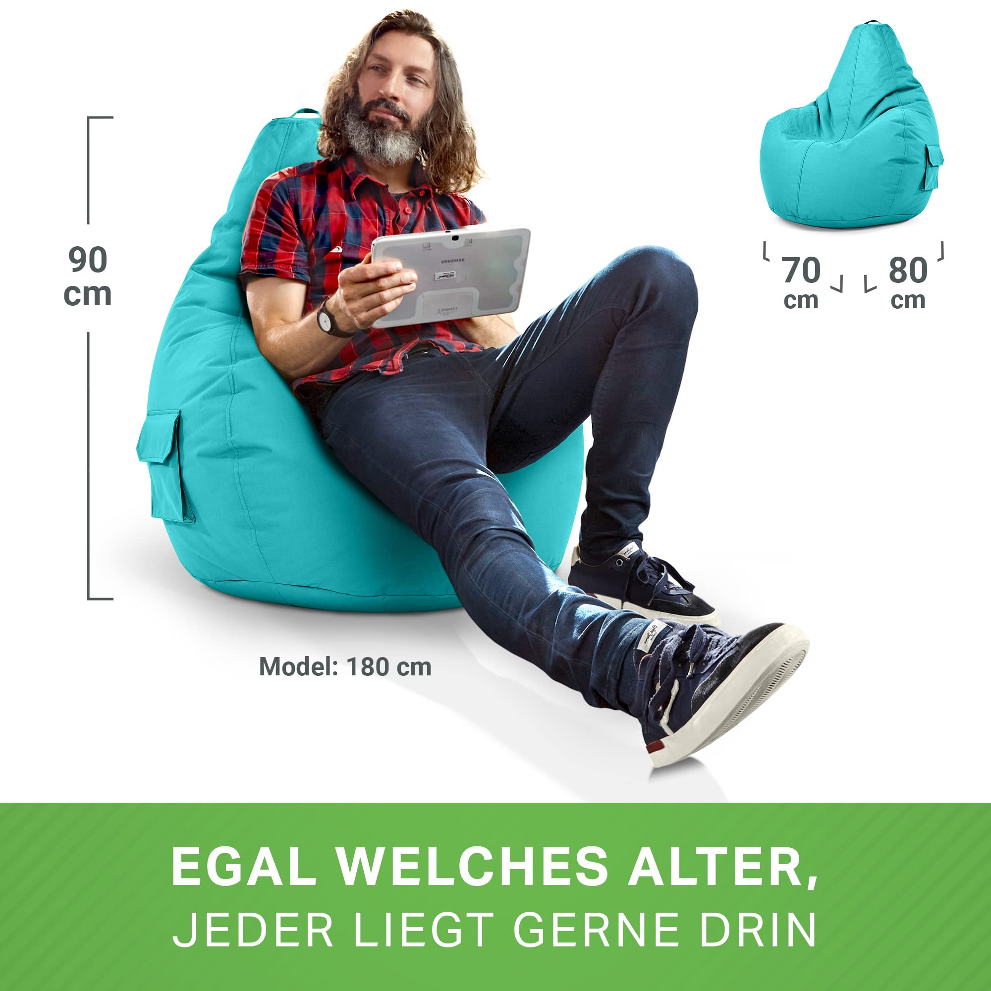 Green Bean Sitzsack Cozy mit Rückenlehne 80x70x90cm Gaming Chair 230L EPS-Perlen Füllung Waschbar Wetterfest Aquamarin