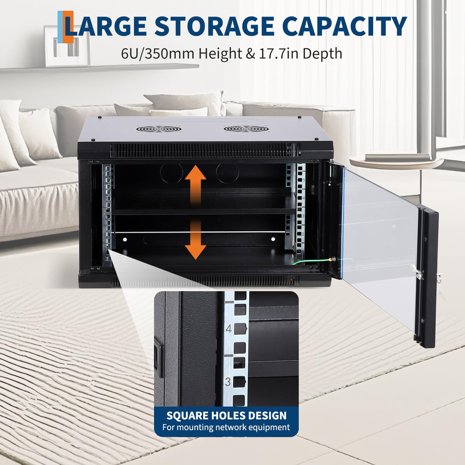 Compact IT Rack Enclosure - Armadio di rete 6U per montaggio a parete, profondità 45 cm, porta in vetro con serratura, pannelli laterali rimovibili, ventilato, fori per ventola di