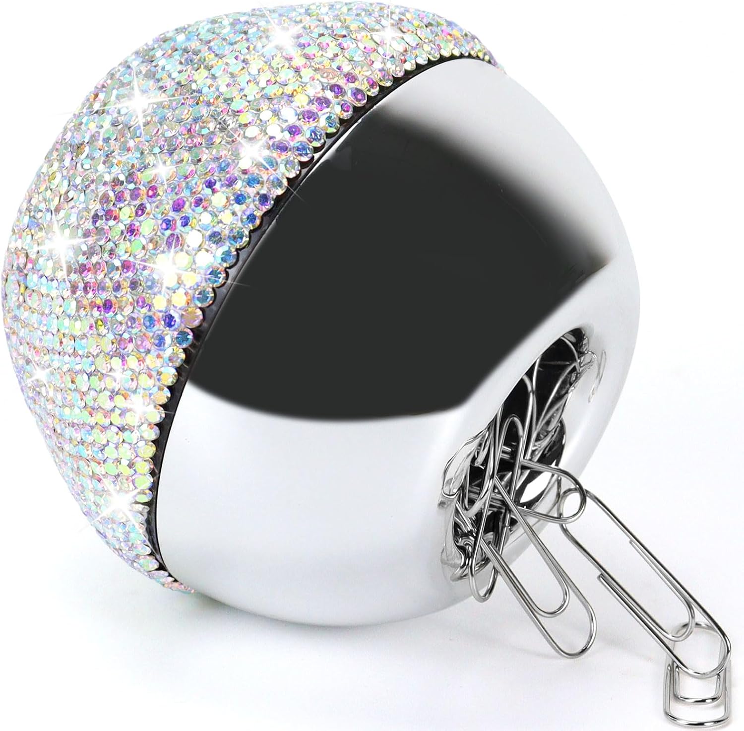 MultiBey Rhinestone Paper Clip Holder, Magnetic Paperclip Dispenser | with 100 Pcs 28mm Sliver Clips, Sparkling Bling Office Desk Organizer and Cute Paperclip Storage Container (Crystal AB)