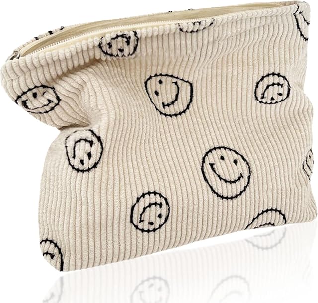 TSHAOUN Travel toiletries Makeup Bag, Smile Printing Corduroy Toiletry Bag,Makeup Organiser Bag Mini Cosmetic Bag for Women Girls (White)