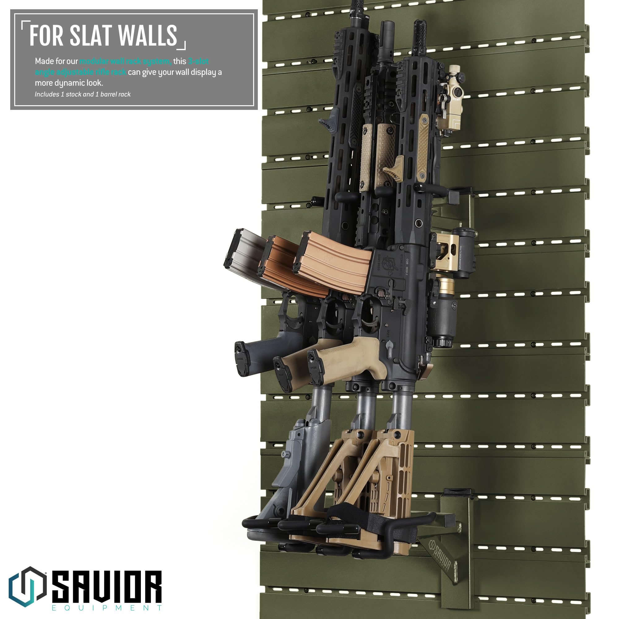 Savior Equipment Wall Rack System Heavy-Duty Steel Tactical 3-Rifle Carbine Shotgun Handgun Storage Angle Adjustable Wall Mount Hanger, Green