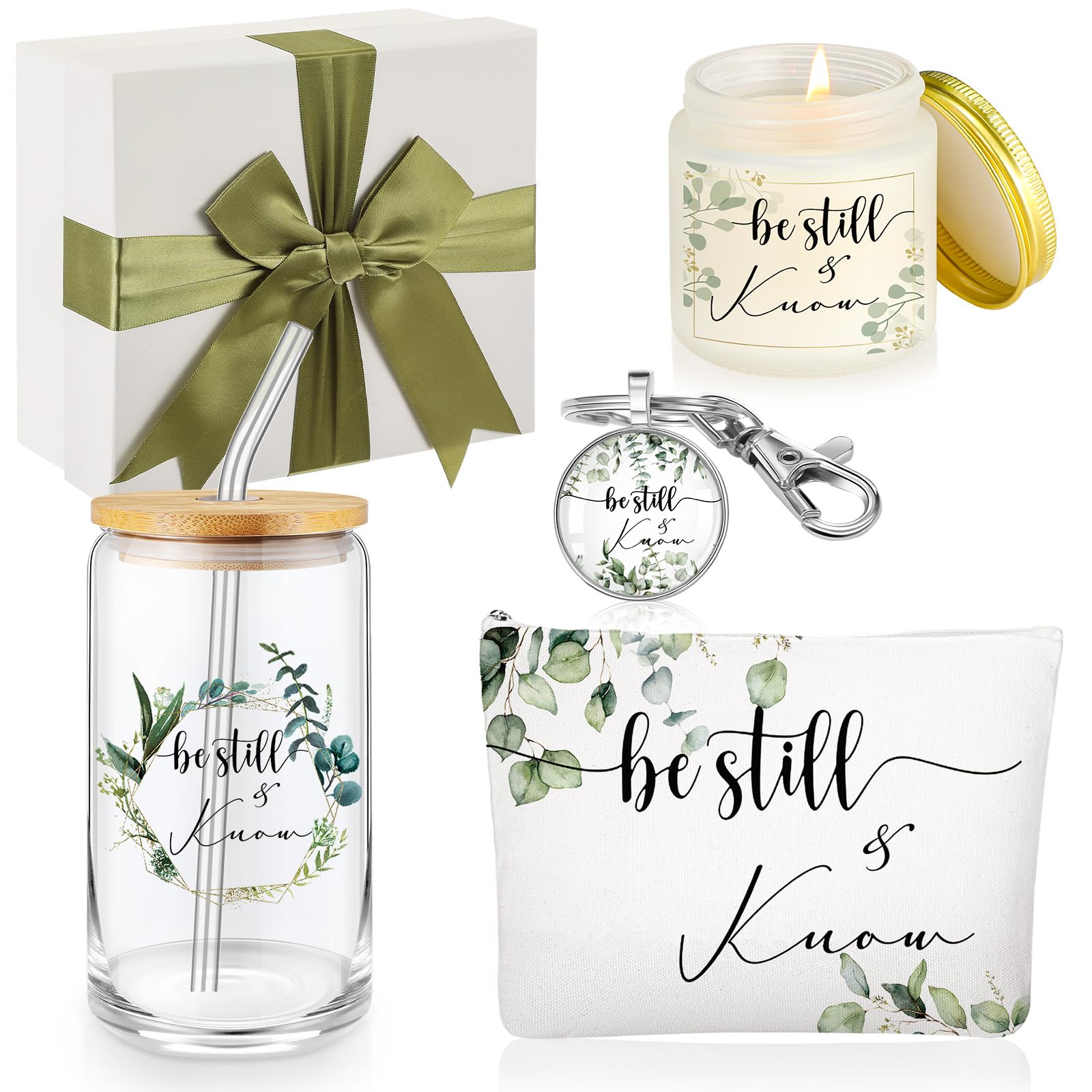 Singhoow 5 Pcs Christian Gifts for Church Women Grandparents Day Be Still & Know Religious Christian Glass Cup Bible Verse Keychain Prayer Candle