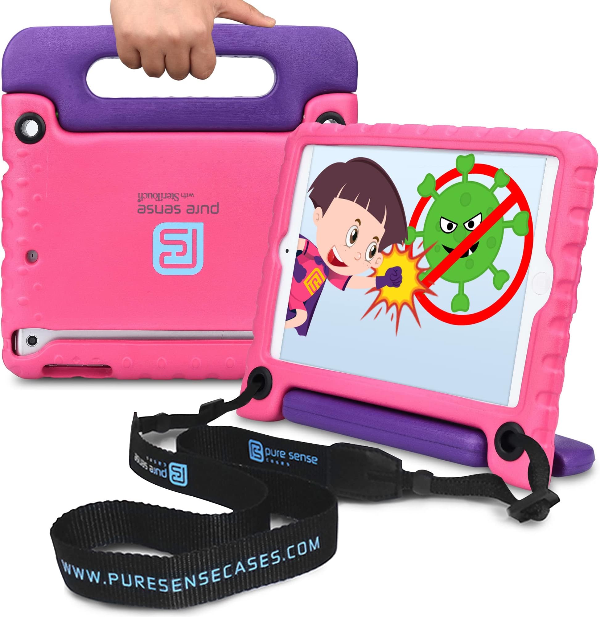 Pure Sense Buddy [Anti-Microbial Kids Case] for Apple iPad Mini 3, iPad Mini 2, iPad Mini 1 | Full Kit: Case, Strap, Screen Protector, Spray