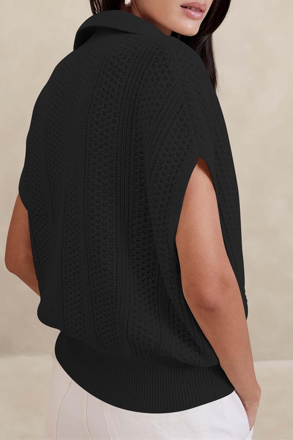 Cakulo Womens Spring Summer Crochet Tops 2025 Polo V Neck Short Sleeve Sweater Top Black XL - Image 8