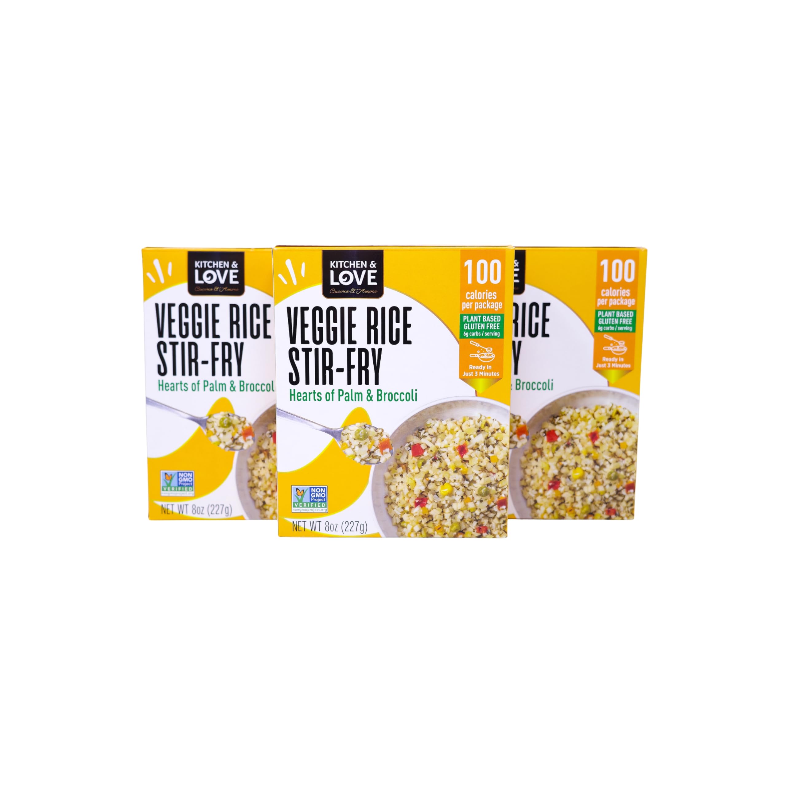 Kitchen & Love Hearts of Palm Veggie Rice Stir Fry, Low Carb, Low Calories, Plant Based, Non GMO, Gluten Free Rice Alternative, Vegan, Easy to Prepare Quick Meal 8 Oz (Pack of 3)