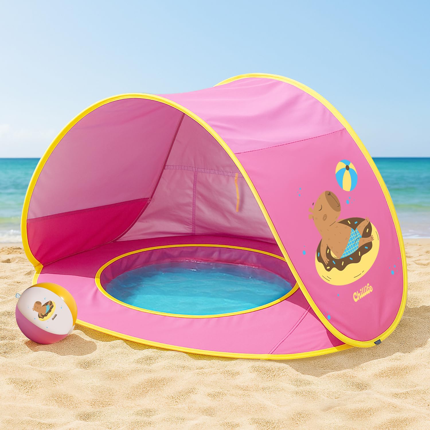 Chillife Namiot plażowy typu pop-up, przenośny namiot plażowy z ochroną UV i wiatrem, na plażę, zintegrowana piaskownica, basen I torby do przechowywania, zamek błyskawiczny dla 2 osób