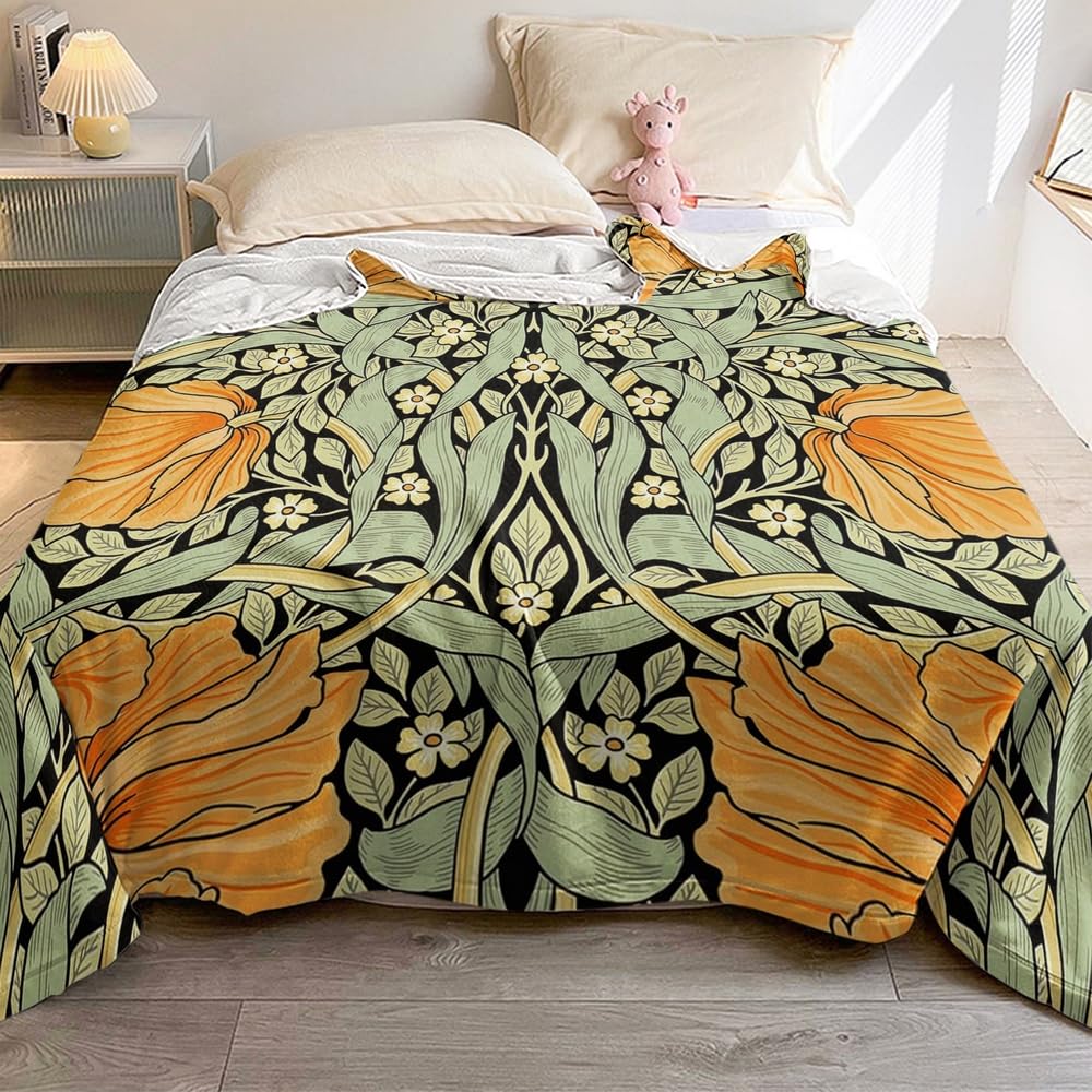 Fchen art Botanical Sage Green Yellow Large Throw Blanket,William Morris Tole Blanket,William Morris Holland Park Fleece Flannel Throw Newborn Swaddle Blankets,Blankets For Sofa Couch 125x150cm - Image 3