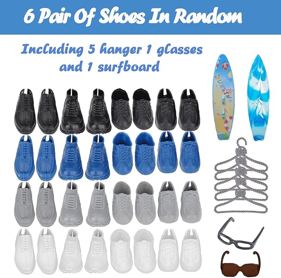 32 PCS Dolls Clothes Compatible with Ken Doll Clothes, Including 1 Suit Set, 5 Tops 5 Pants, 12 Shoes 5 Hangers 1 Earphone 1 Surfboard for Kids Boys Girls Party Play(Random Style)