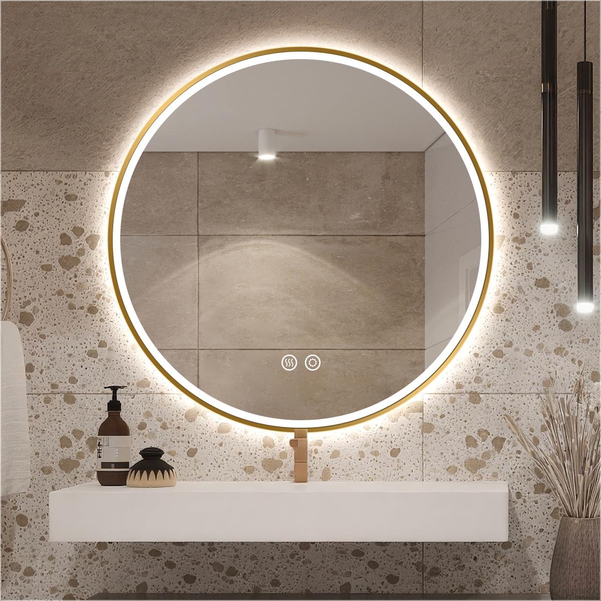 32" x 32" Round LED Bathroom Mirror, Stepless Dimmable, Gold Aluminum Edge Lighted Mirror, Anti-Fog, CRI 90+, Ultra-Clear Bathroom Circle Mirror, Backlit & Frontlit for Vanity, UL-Listed