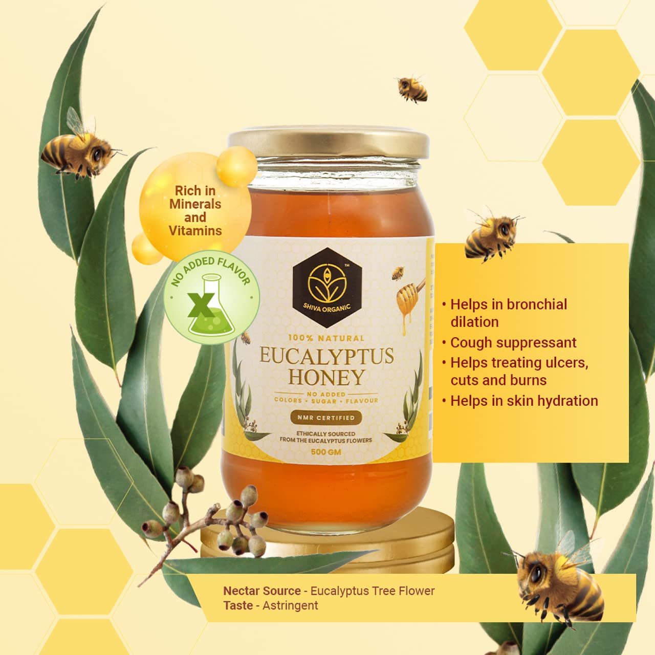 Shiva Organic Honey Combo 750g, Eucalyptus Litchi & Vantulsi Varieties, Unsweetened Liquid Nectar Jar Pack