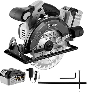 Sierra Circular Sin Cable: DEKOPRO 20V Sierra Circular, 4500 RPM, Hoja de Sierra Ø165mm(24T), Profundidad Máxima de Corte 55mm (90°), 33mm (45°), Ideal para Cortar Madera(Batería de 4,0 Ah incluidos)
