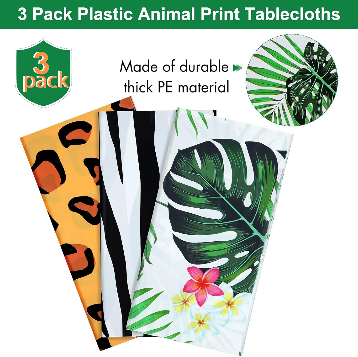 3 Pieces Animal Theme Zoo Print Table Cover Leopard Print Table Cover Palm Leaf Print Tablecloth Plastic Jungle Animal Table Cover Party Supplies for Zoo Jungle Animal Birthday Party
