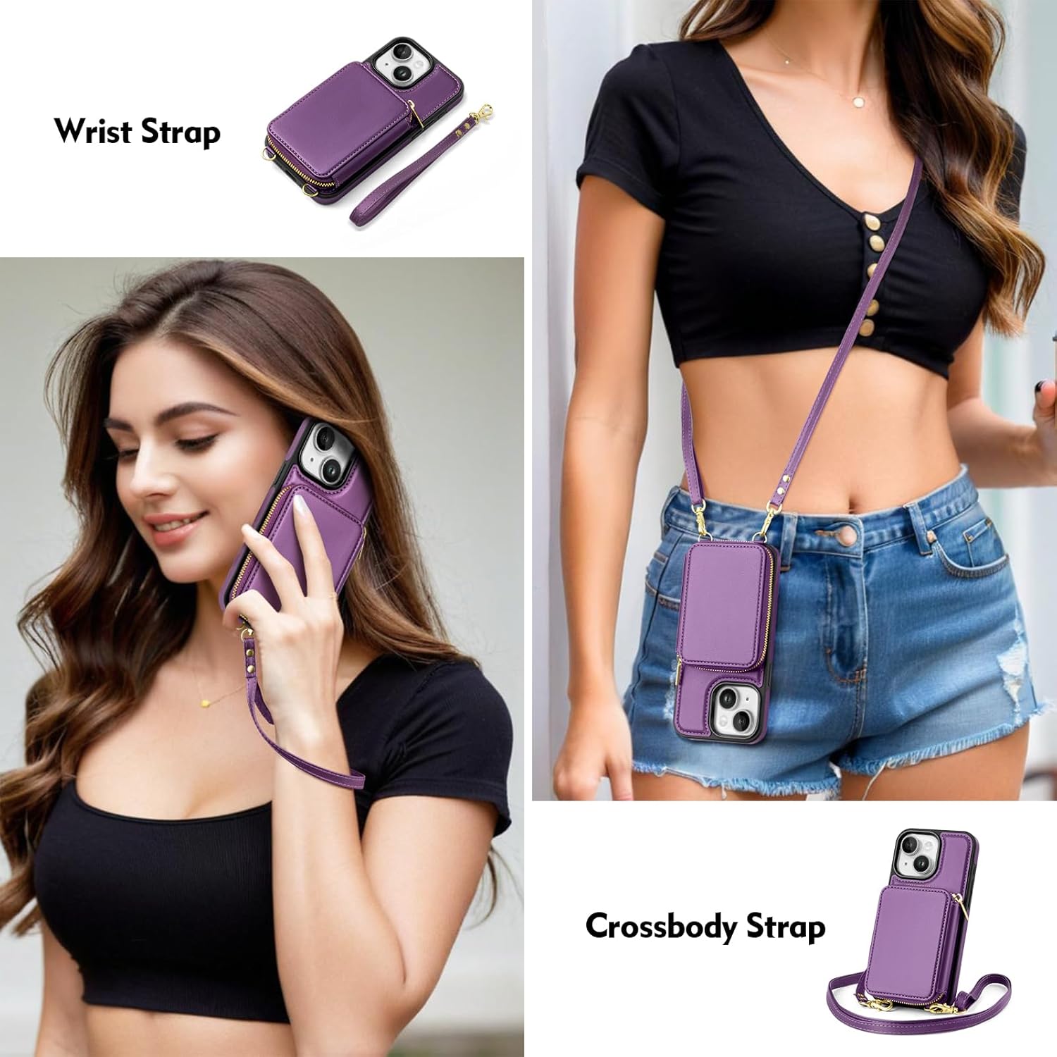 SkyEagle Compatible with iPhone 13 Wallet Case for Women【RFID Blocking】 Crossbody Phone Case PU Leather Zipper Handbag Wrist Strap Cover Credit Card Holder,for Apple 13 6.1",Purple